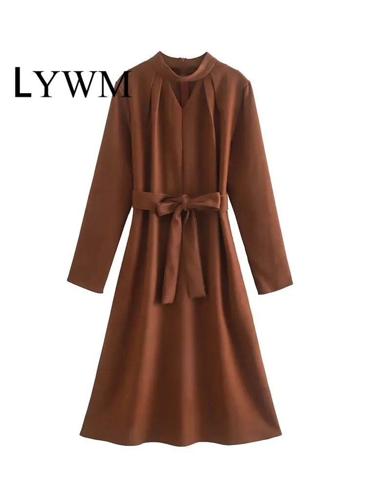 

LYWM женское модное коричневое платье миди с поясом, винтажное платье с круглым вырезом, высокой талией, молнией сзади, длинными рукавами, жен...