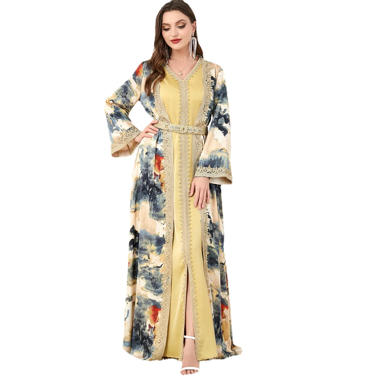 

2 Piece Sets Womens Outfits Summer Hem Slit Gold Satin Belt V Neck Robe Embroidery Arabic Dress Moroccan Caftan Woman Dress