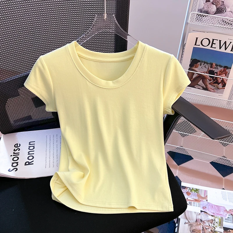 Женская футболка с коротким рукавом приталенный хлопковый топ и круглым вырезом