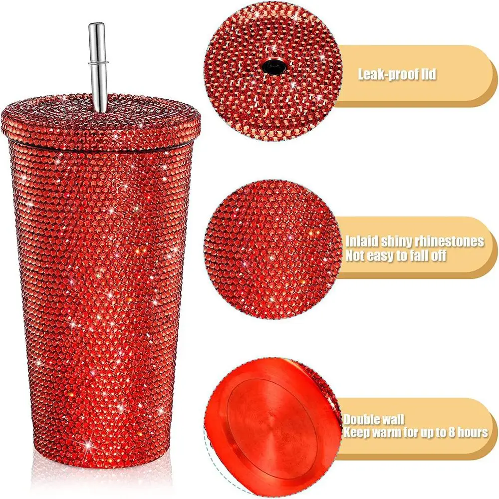 

500ml 17oz Straw Cup Bling Diamond Thermos Bottle Coffee Cup with Straw Stainless Steel Water Bottle Tumblers Mug Girl Gift