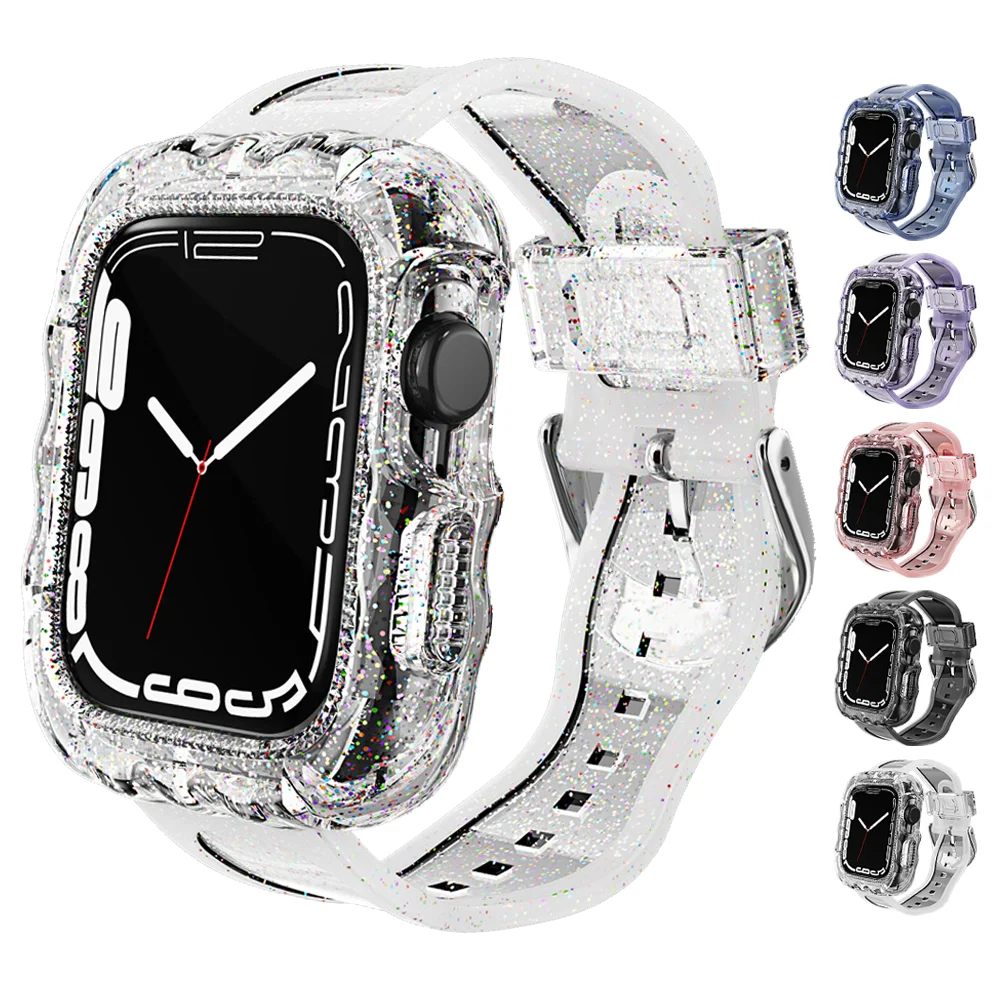 

Clear Band +Case for Apple Watch Series 8 7 6 SE 5 4 3 45mm 44mm 42mm 41mm Transparent Correa for Iwatch 38mm 40mm Plastic Strap