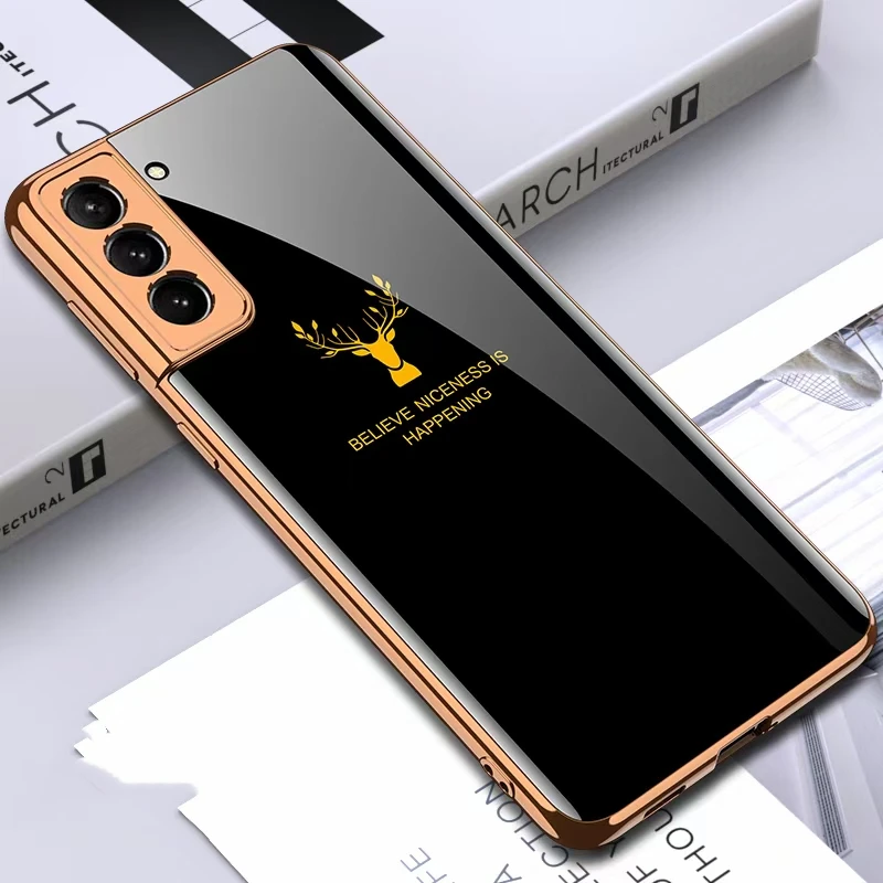 

Case For Samsung Galaxy S22 Plus S22 Ultra Deer Patterned Glass Cover Electroplate Soft Frame Glass Case for S21 Ultra S21 Plus