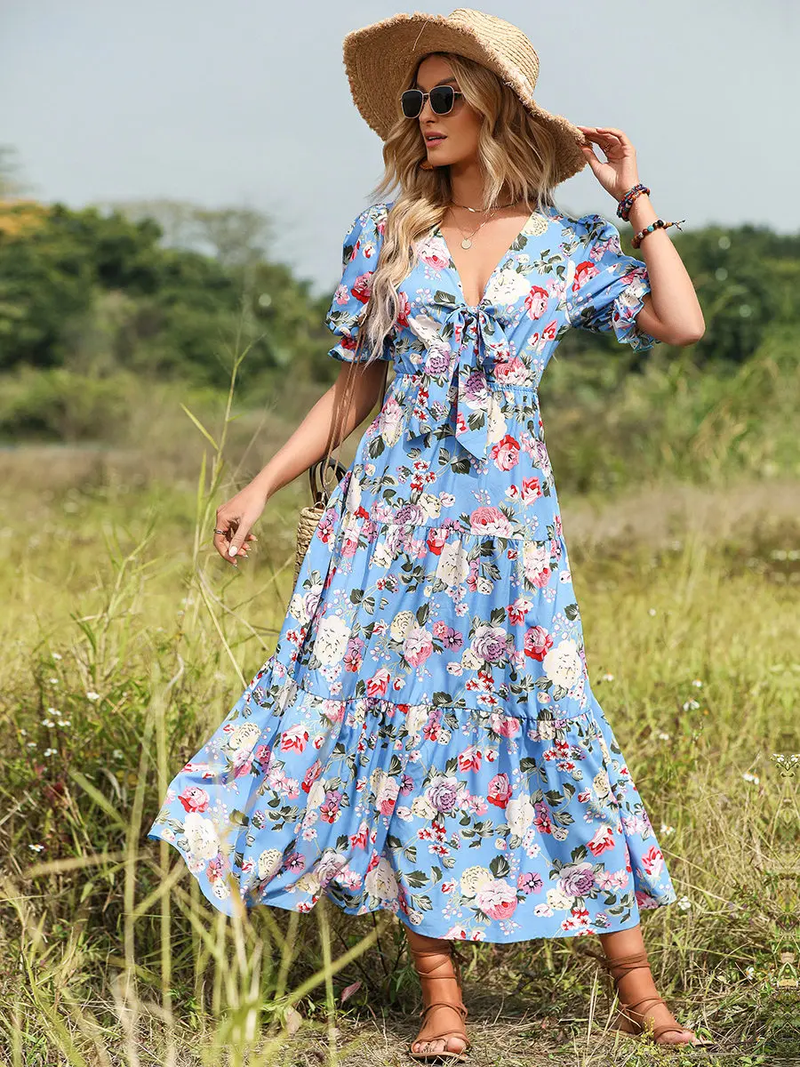 

M 2023 летнее новое длинное платье с бантом и v-образным вырезом, с коротким рукавом и высокой талией