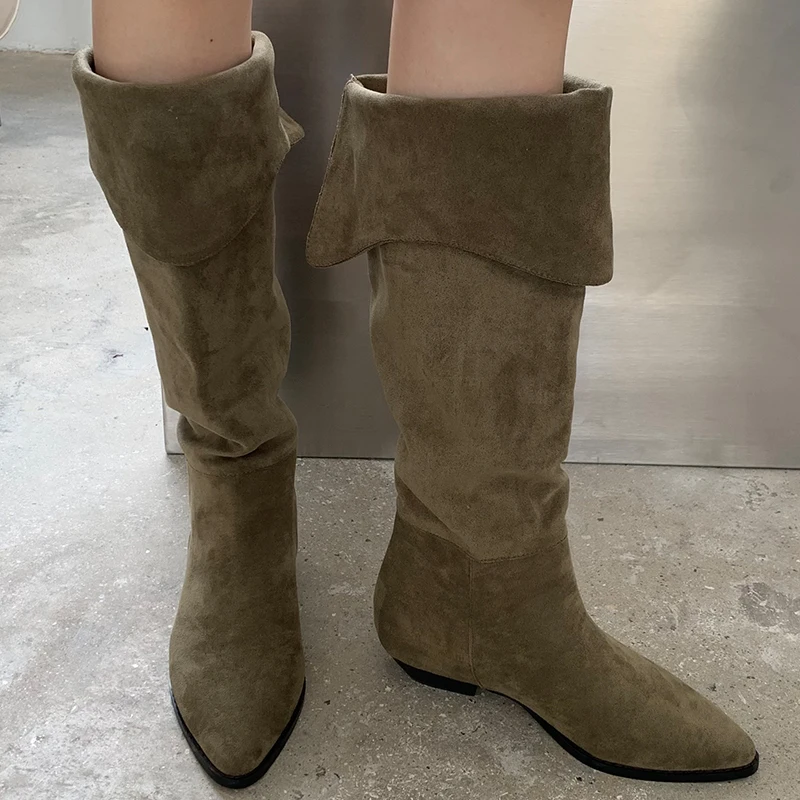 

New Knee-High Boots For Women Rubbe Pointed Toe Ladies Modern Boots 2022 Female Shoes Fashion British Style Western Low Heels