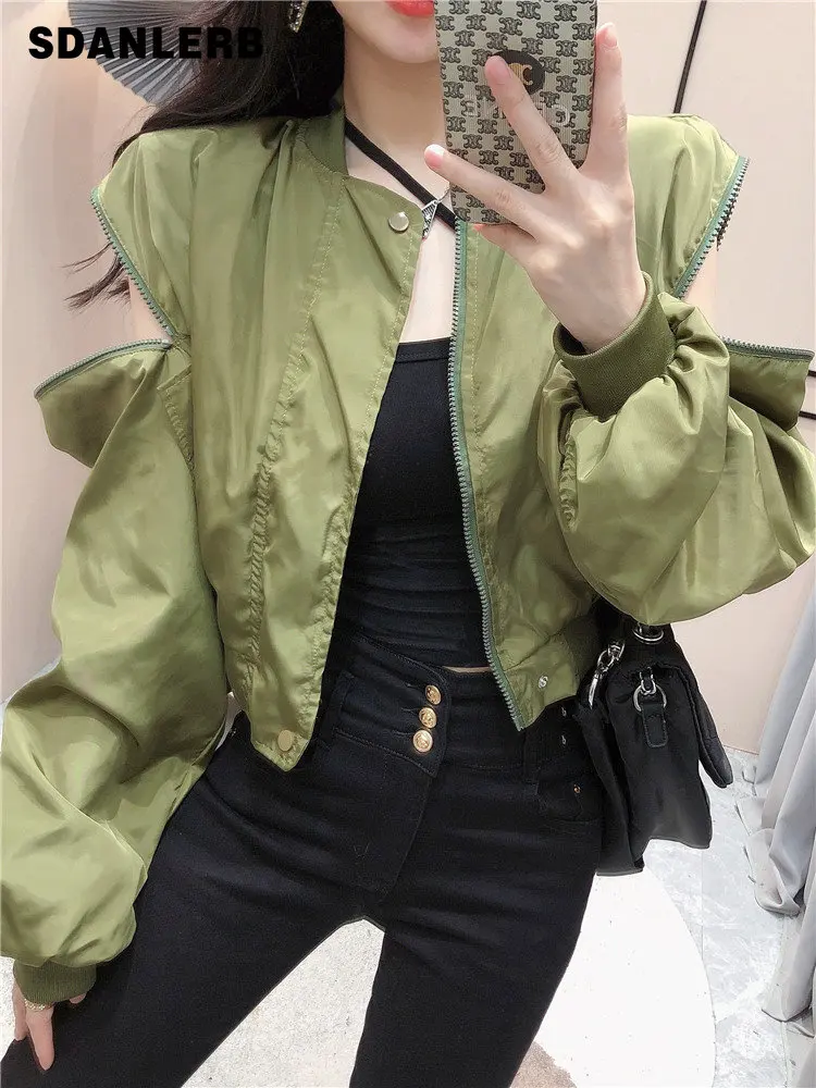 

Бейсбольная форма на молнии с открытыми плечами и надписью, женская одежда для ранней осени, крутая красивая ветровка, короткая куртка, своб...