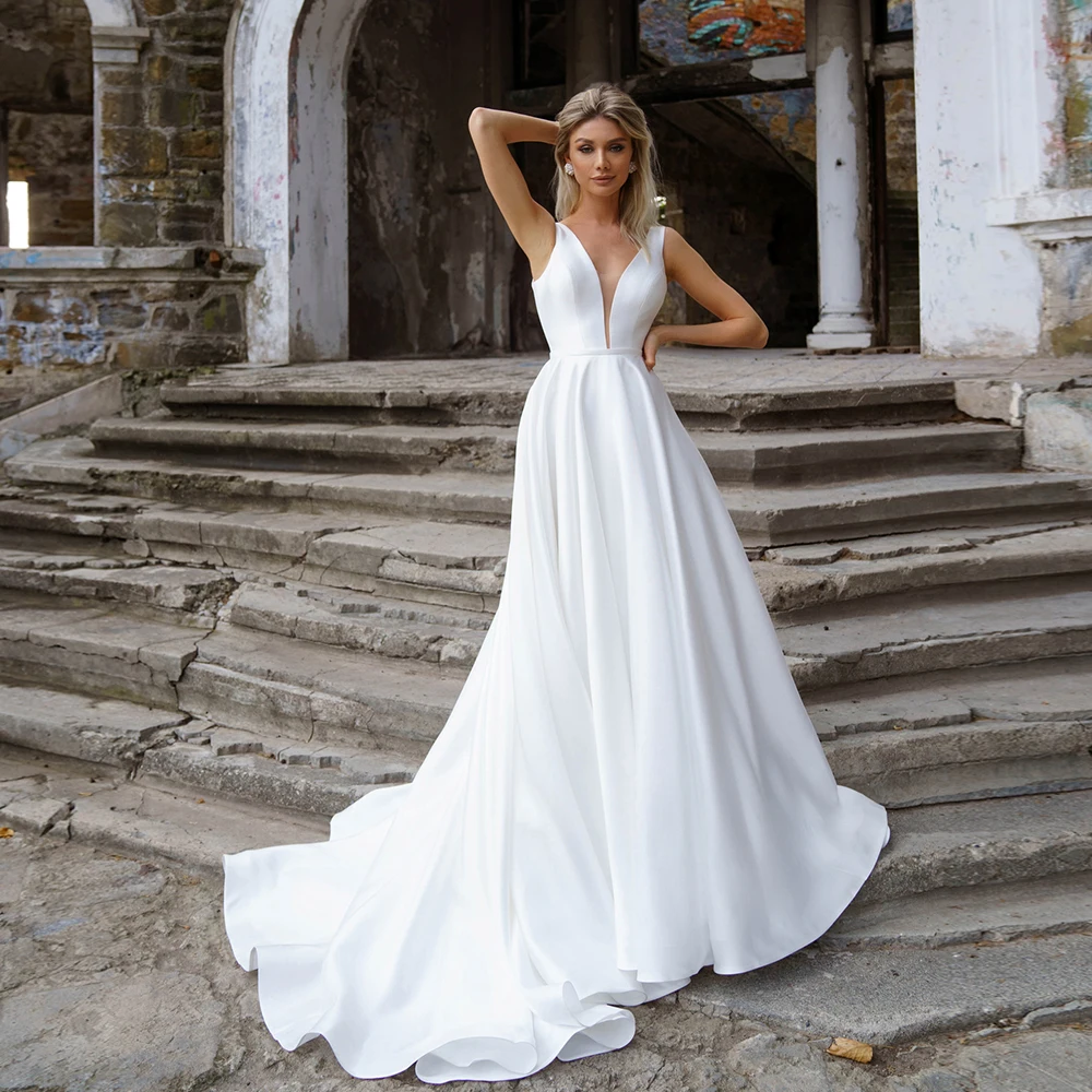 

White Satin Long Wedding Dress For Woman Cap Sleeves Sweep Train A Line V Neck Civil Bridal Gown Simple Vestido De Novia