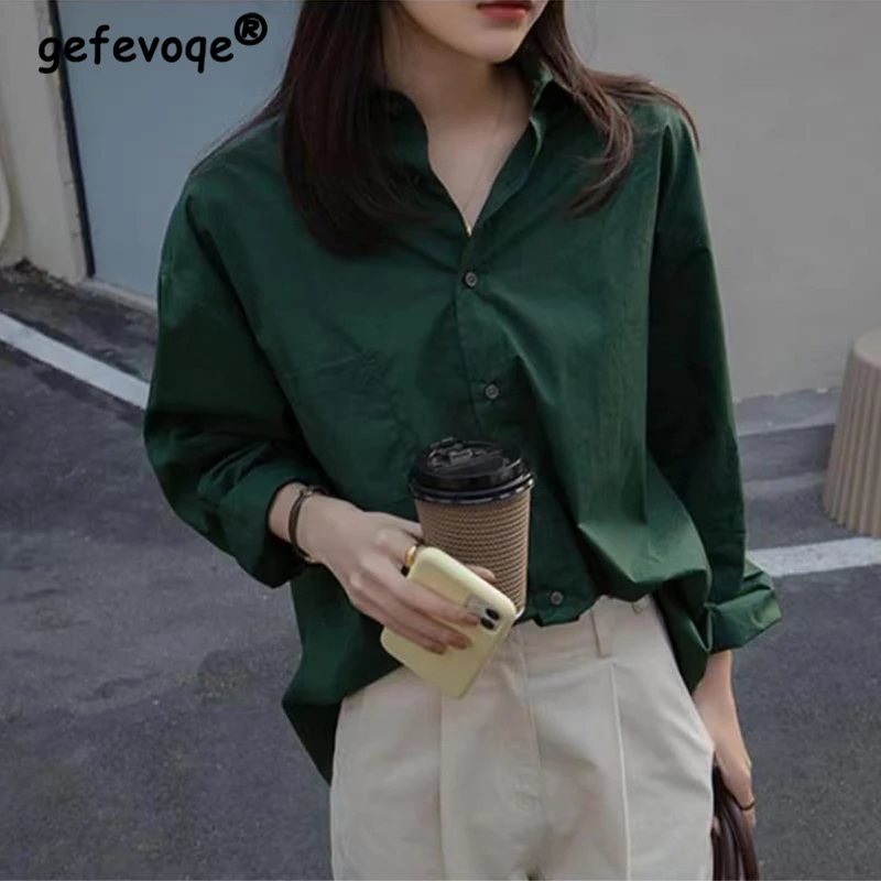 

Pring Autumn Polo-neck Green Buttons Elegant Fashion Simple Blouse Top Women Long Sleeve Vintage Solid All-match Cardigan Shirt