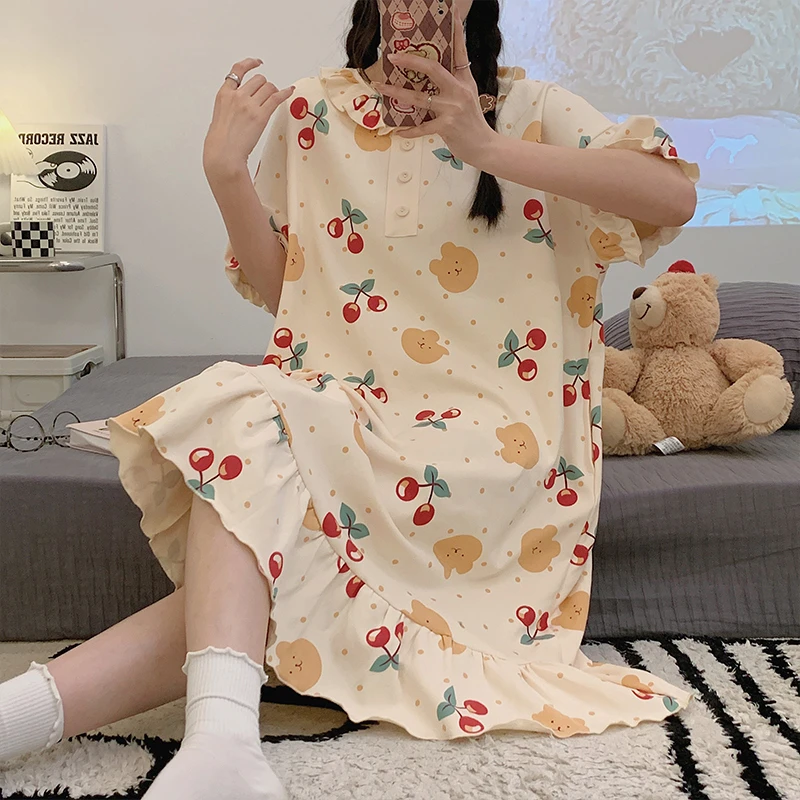 

Ночная рубашка женская с коротким рукавом, Трикотажная хлопковая одежда для сна, Милая Ночная рубашка с рисунком вишневого медведя, летняя Пижама, свободное тонкое платье для сна
