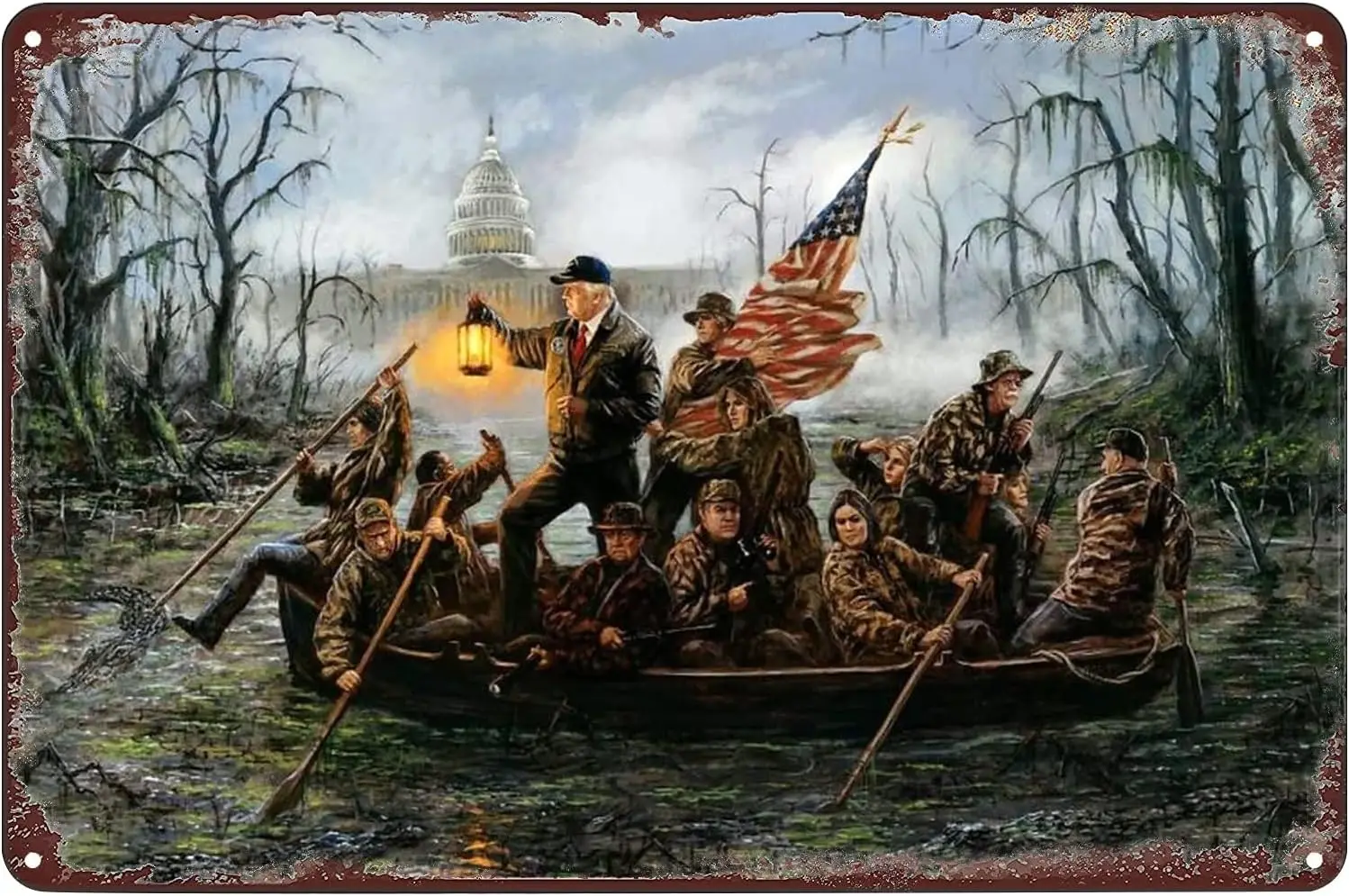 Металлический постер с изображением Трампа пересекающего болотный камень