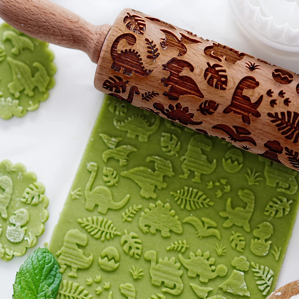 

Dinosaur Pattern Embossing Rolling Pin Leaf Volcano Baking Cookie Noodle Biscuit Fondant Cake Dough Engraved Roller Wood Gift