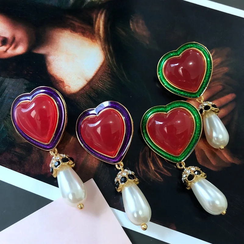 

Lovely Heart Stud Earrings Elegant Pearls Drop Pendant Statement Pendientes For Women Girls