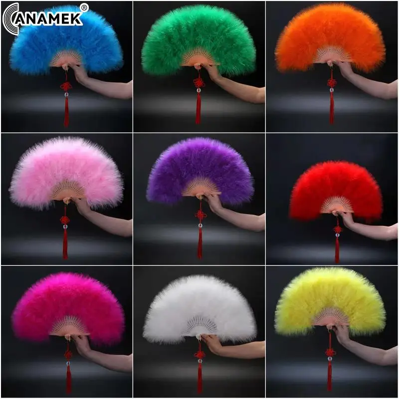 

1Pc Chinese Style Feather Fan Thickened Long Velvet Folding Fan Court Dance Hand Fan Handmade Art Craft Wedding Party Decoration
