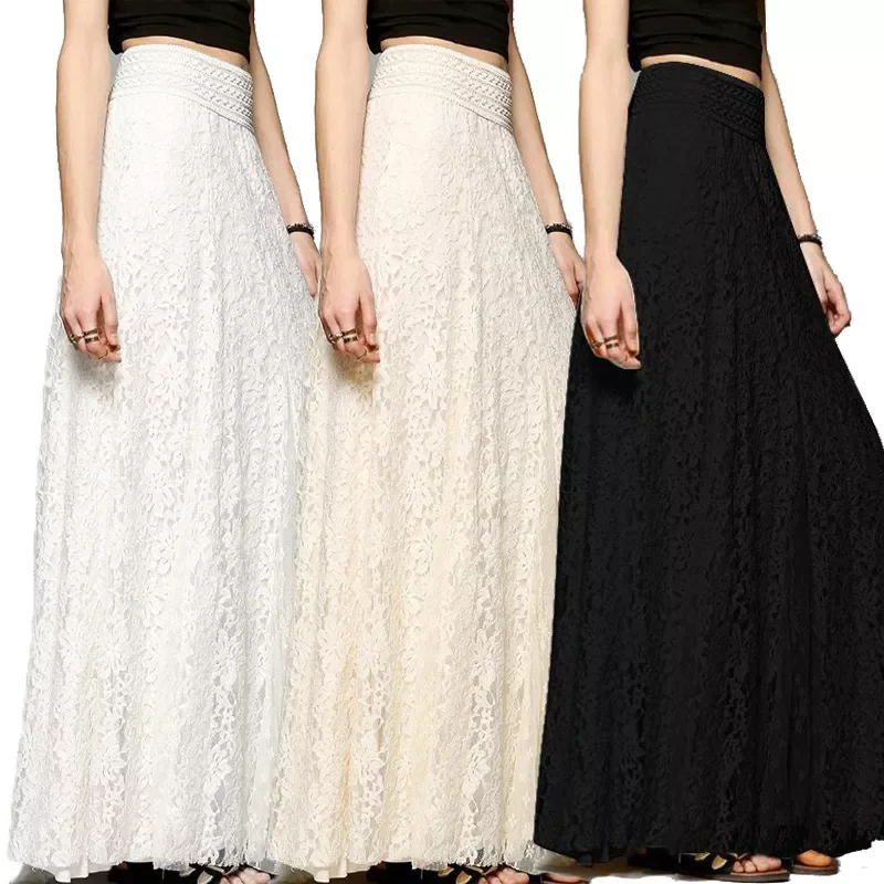 

Fashion Women High Waist Stretchy Lace Long Skirts Summer Casual Party Wild Skirt Solid Color Loose