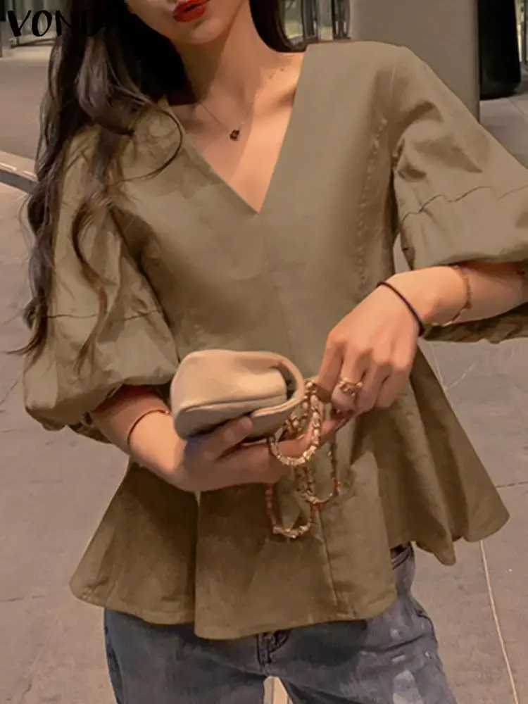 2024 летние модные блузки VONDA сексуальные женские топы с V-образным вырезом и