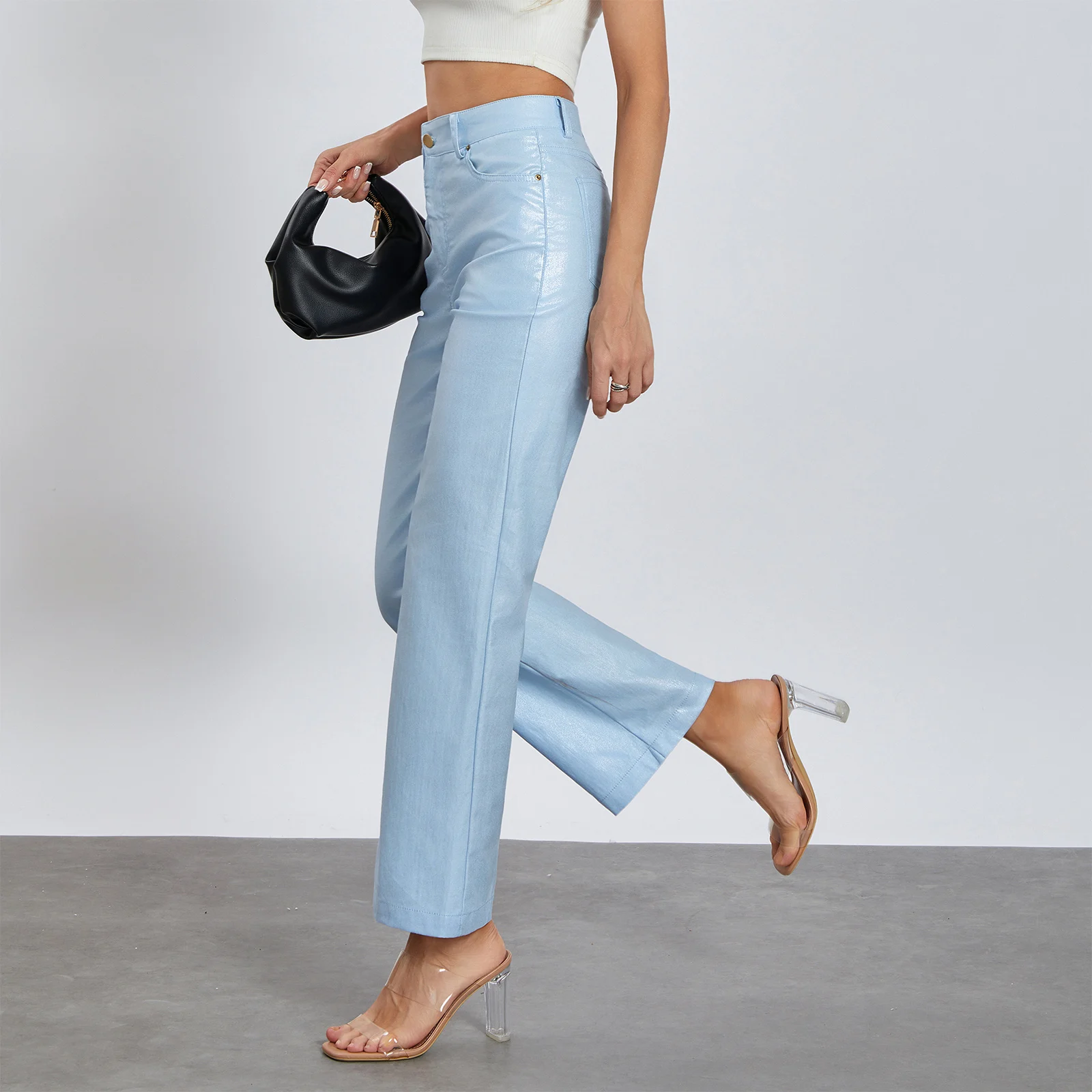 Женские блестящие джинсовые брюки с металлическим блеском однотонные прямые