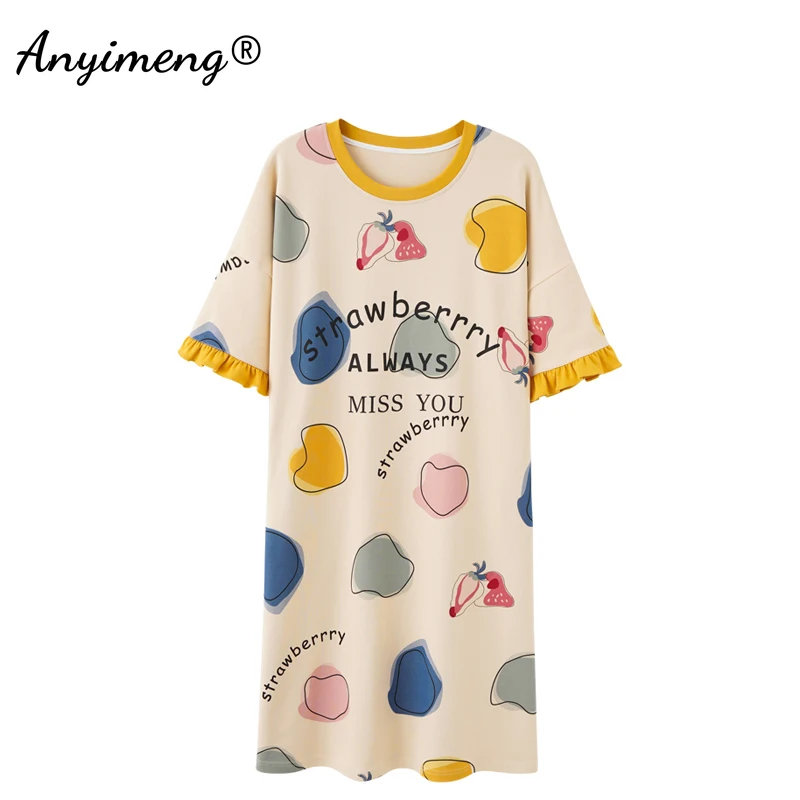 

New 3XL Summer Soft Cotton Nightgown Kawaii Strawberry Printing Sleeping Dress Round Neck Night Dress Sleepwear for Young Girls