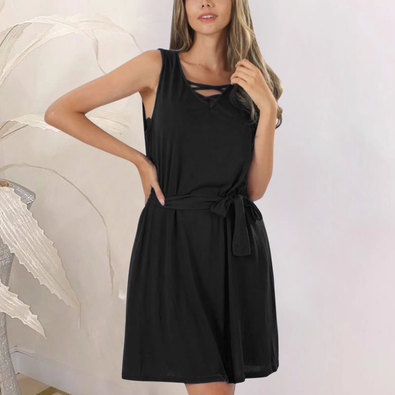 

Однотонные женские летние Платья с поясом без рукавов, ТРАПЕЦИЕВИДНОЕ мини-платье с карманами, Повседневный Женский офисный сарафан с V-обр...