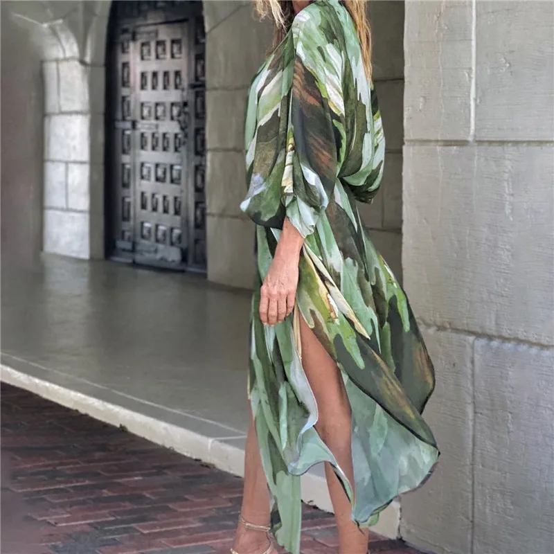 Женская Длинная накидка на купальник шифоновое кимоно с высоким разрезом и