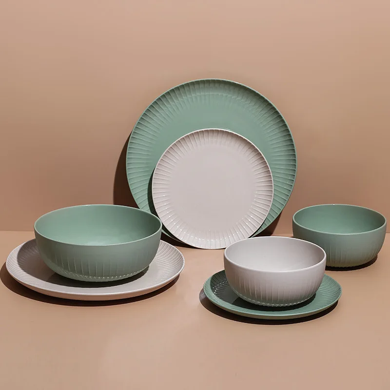 

Ceramic Bowl Plate Tableware Set Stripe Noodle Salad Bowl Soup Plate Western Food Steak Dish Nordic Style Kitchen Tableware