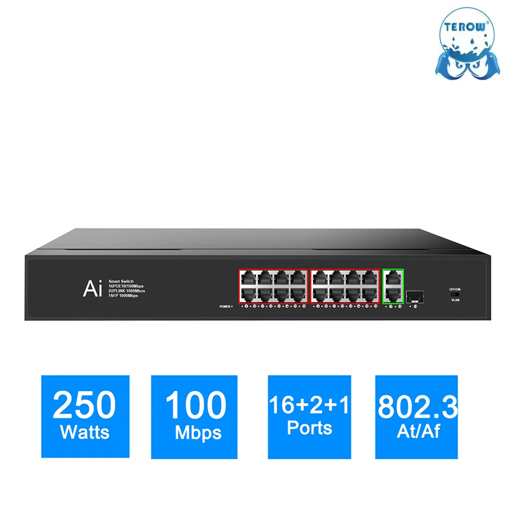 

TEROW POE Switch 16 POE 2 Uplink 1 SFP 100/1000Mbps 19 Ports Network LAN RJ45 Hub Smart Ethernet Switcher 250W for IP Camera