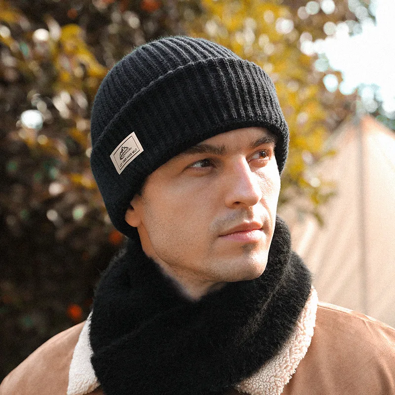 

2in1 Winter Beanies Hats For Men Solid Color Knitted Thicken Keep Warm Pullover Cap Outdoor Cycling Windproof Cotton Mask Bonnet