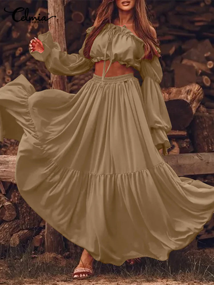 

Celmia 2022 модные Праздничные комплекты из двух предметов, элегантный короткий топ с оборками и плиссированная Макси-юбка, повседневные женски...