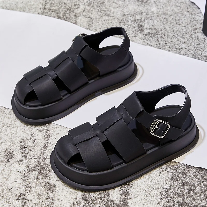 LSXJK Casual Women Sandals 2022 Summer Shoes Genuine Leather Fashion Flats Slippers Female Cut-outs Black White Beach Shoes