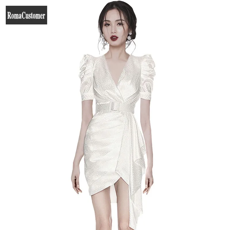 

Elegant Dress Womens Summer New V-Neck Sashes Slim Puff Sleeve Irregular All-Match Korean Version Casual Lady Pencil Dress
