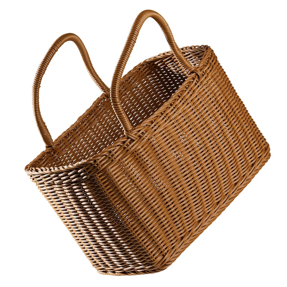 

Basket Woven Wicker Picnic Storage Baskets Rattan Handle Market Flower Shopping Handles Straw Fruit Gift Tote Grocery Decorative
