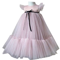 puffy layers pink flower girl dresses satin bow kids princess dress bow shoulder kids first communion dresses birthday new year