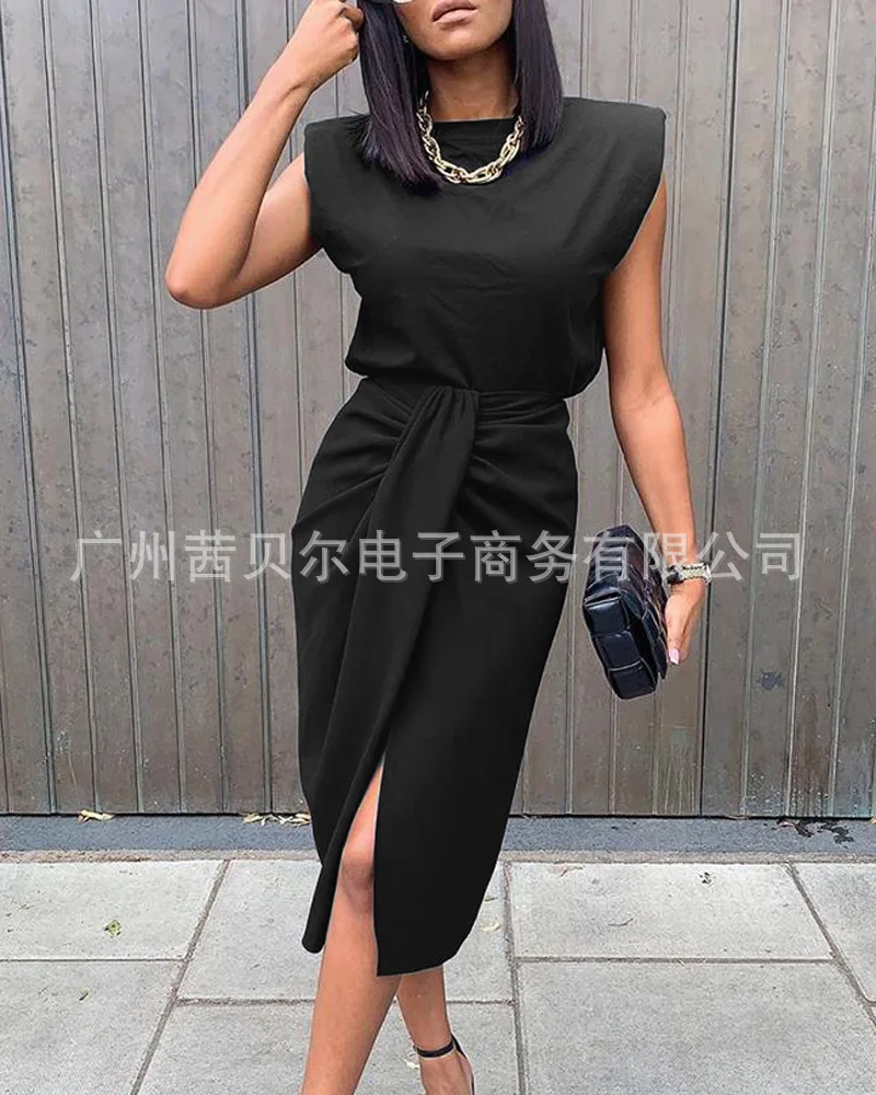 

2023 New Black Wide Shoulder Waist Twisted High Split Set Skirt