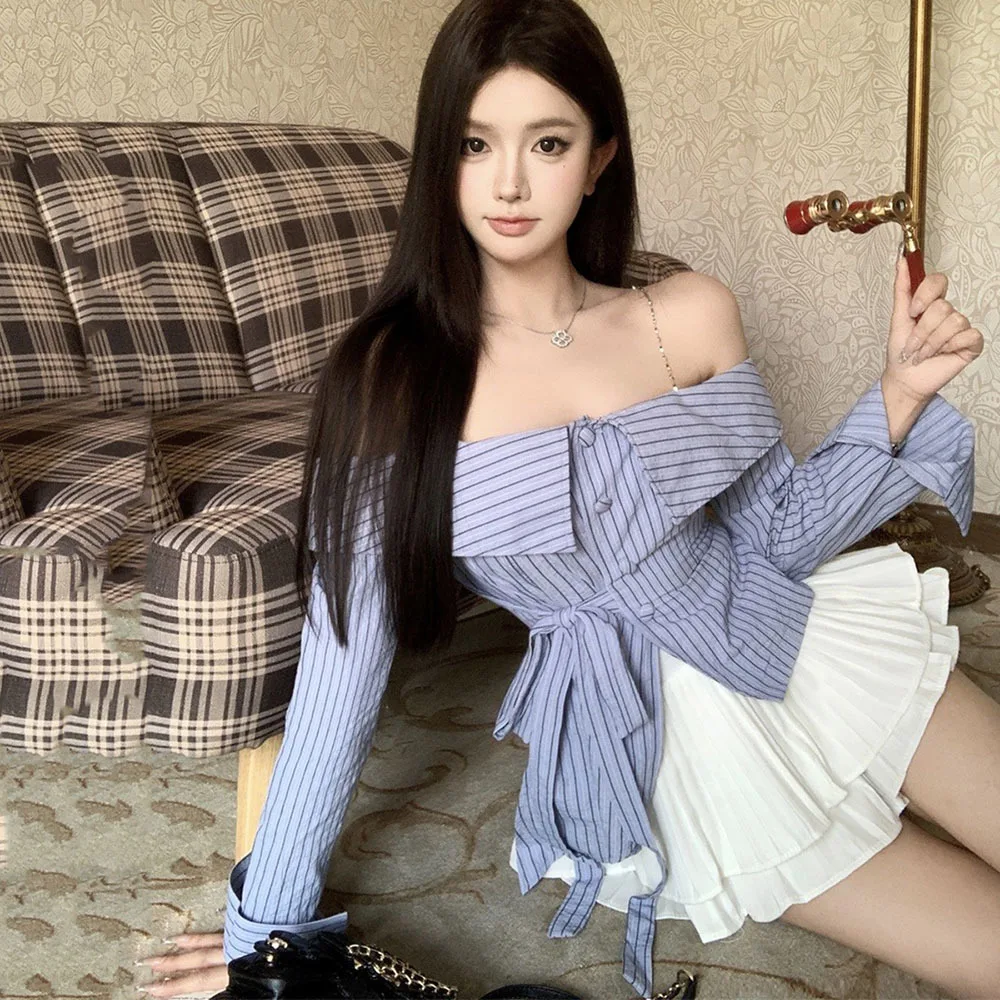 Рубашка женская с открытыми плечами пикантная блузка цепочкой и длинным рукавом