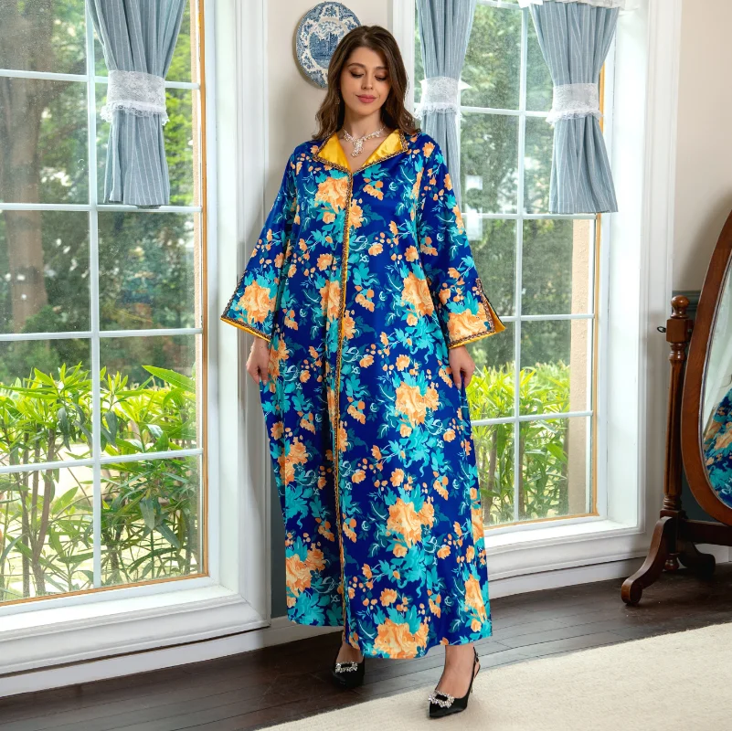 Women Abaya Kaftan Dubai Luxury Long Dresses Elegant Casual Floral Print Diamonds Navy Collar Satin Dress Gorgeous Party Style