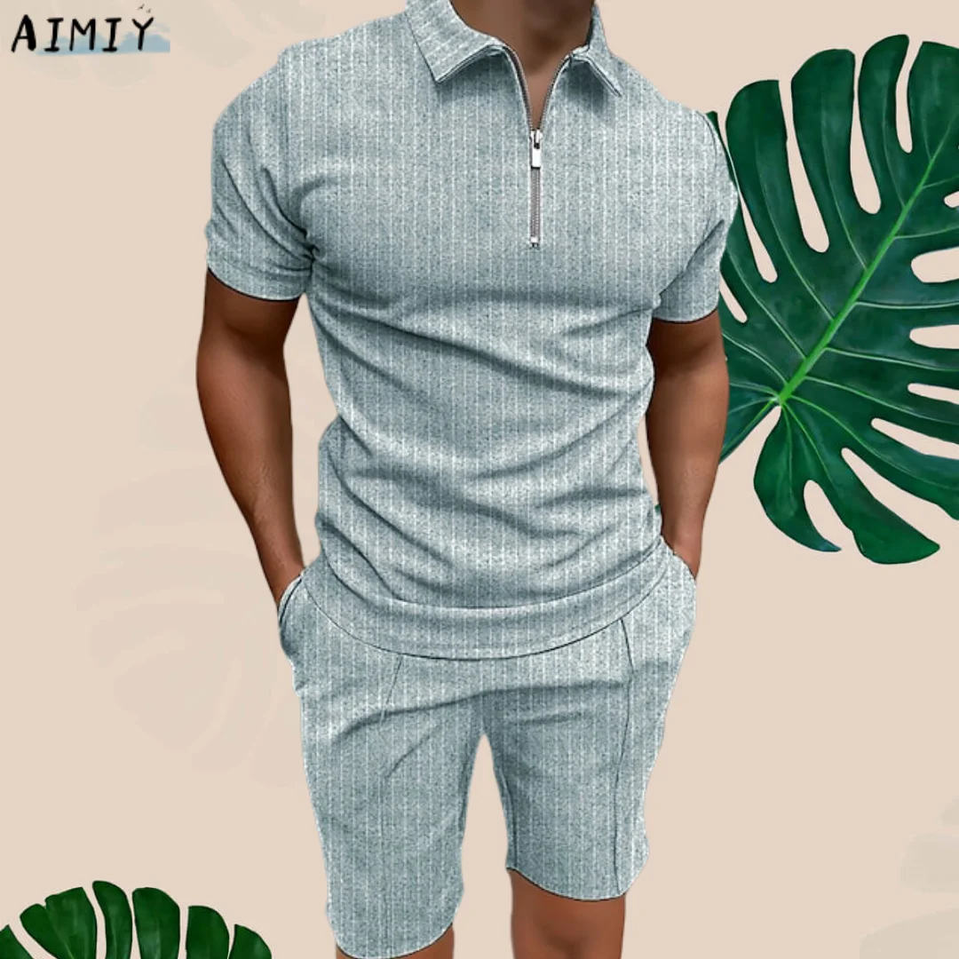 Men's Golf Shirt Set Striped Leisure Sports Outdoor Zipper Patchwork Short Sleeve Tops 2pcs Retro Designer Punk & Gothic Sports