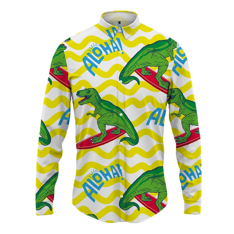 

2023 Spring Fashion Hot Selling Long Sleeve Shirt Casual Street Polo Top Green Dinosaur Print Loose Oversized Long Sleeve Shirt