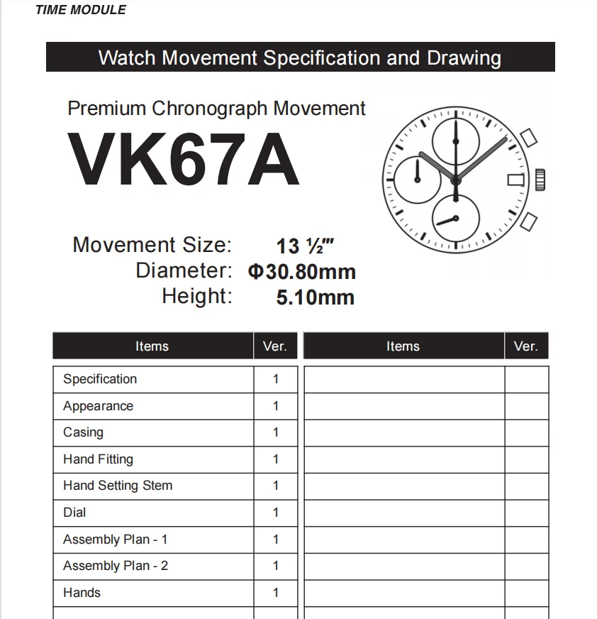 Watch VK67A Quartz Movement Replace for Watch Mechanism Chronograph Single Date Repair Parts  Small Second Hand