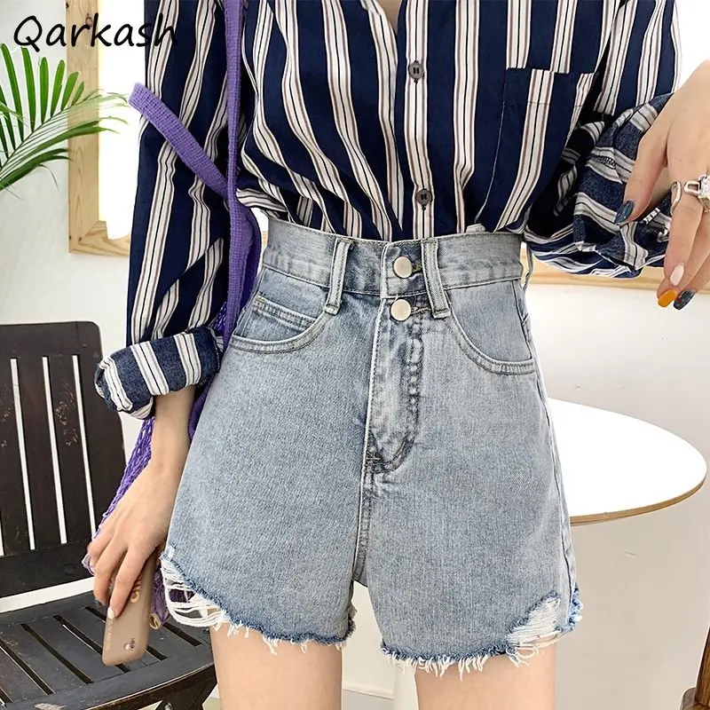 

Джинсовые шорты женские с дырками, свободные повседневные Модные состаренные уличные простые универсальные шикарные шорты с завышенной талией для студентов, лето