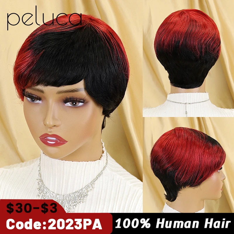 

Short Pixie Cut Wigs With Bangs Straight Hair Wig Peruvian Remy Human Hair Wigs For Black Women 150% Glueless Machine Made Wig