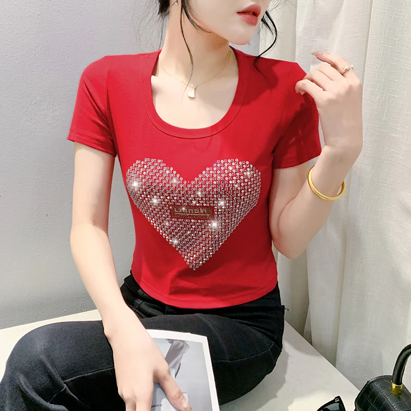 Женская хлопковая футболка с коротким рукавом облегающая блестящими
