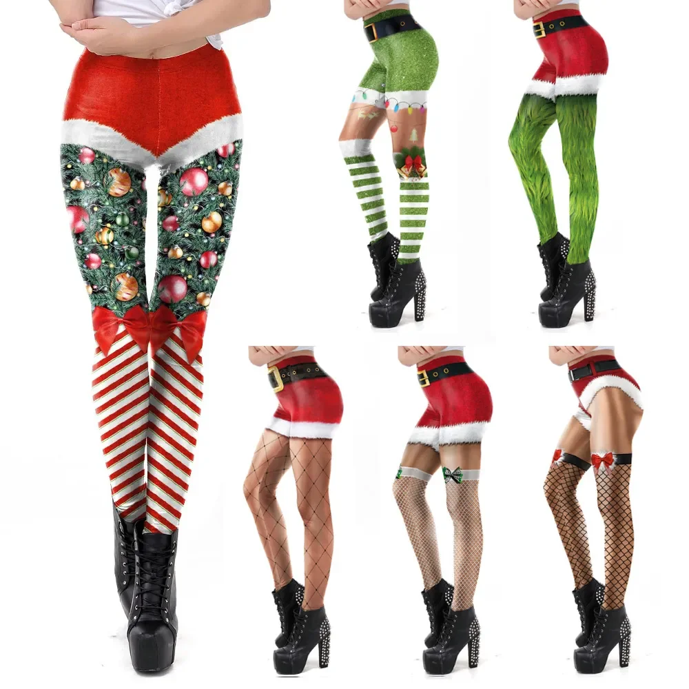 

VIP FASHION Christmas Belt Leggings Gift Autumn Winter Festival Legging Plus Size Women 3D Stripe Sexy High Waist Skinny Leggins