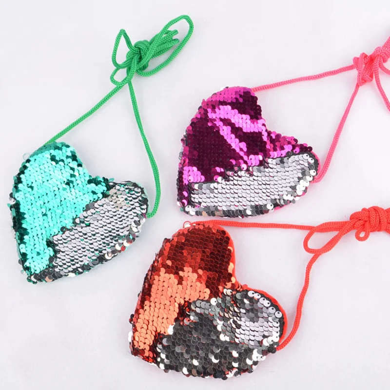 

Popular Colorful Sequin Shoulder Bags Hanging Rope Bag Heart Children's Wallet Creative Girls Skew Straddle Bag Trend Mini Purse