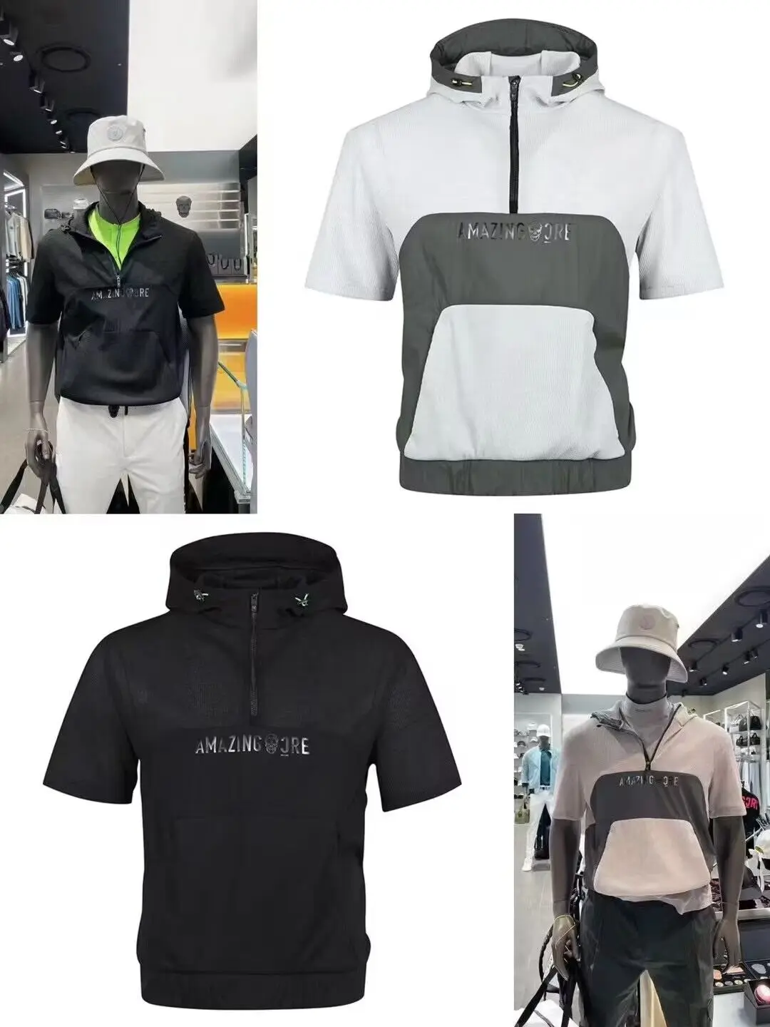 

AMAZINGCRE golf wear 23 Summer men's hooded half zip quick drying breathable short sleeve T-shirt