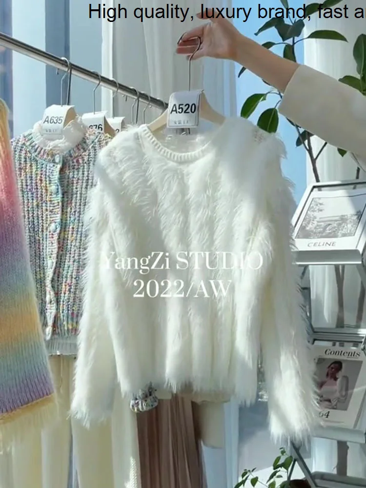 

Mohair Sweater High-Grade Gentle Comfortable Warm Plush White Tassels Knitwear Pullover Top for Women Autumn and Winter Clothes
