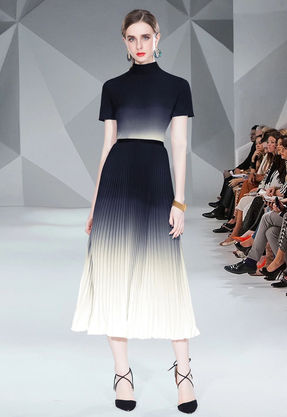 

Gradient Color Pleated Set Woman 2 Pieces Summer 2022 Short Sleeve Turtleneck Mid-Calf Chic and Elegant Woman Dress Office Lady