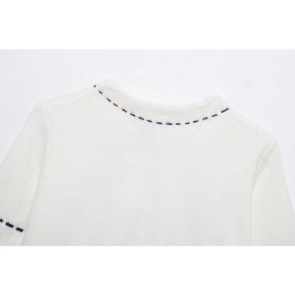 Женская мода удобный трикотаж с круглым вырезом для отпуска белый вязаный