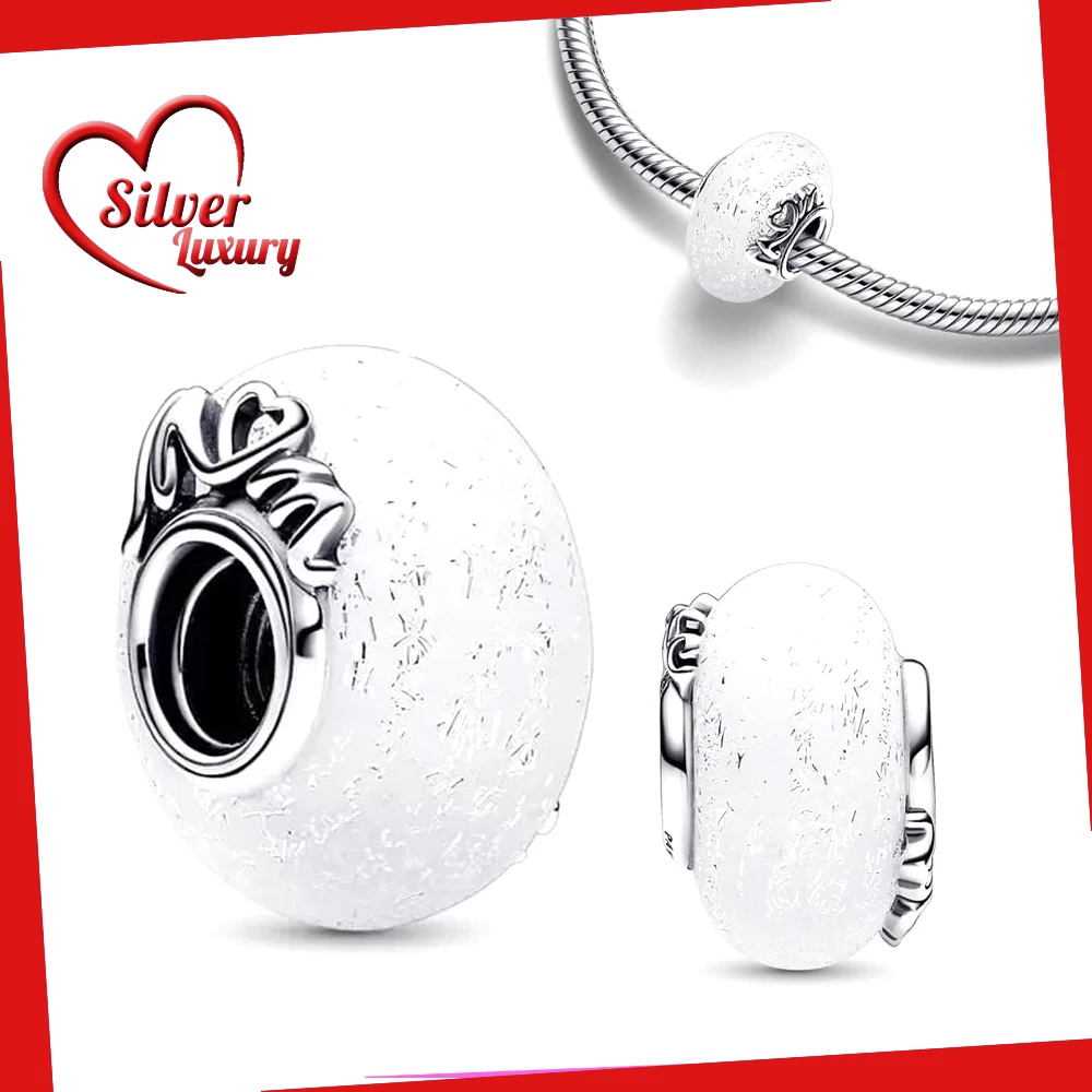 Glittery White Murano Glass & Love Charm 925 Sterling Silver Fit Pandora Charms Original Bracelet for Diy Jewelry Making