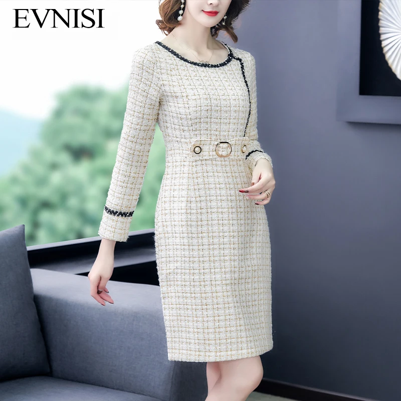 

Зимнее облегающее белое шерстяное платье EVNISI с круглым вырезом, офисные женские элегантные платья с сумкой, плотные теплые платья-футляры в клетку