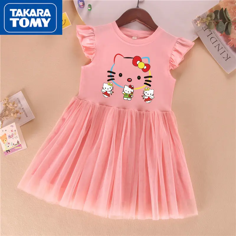 

TAKARA TOMY Color Hello Kitty Girls Dress Summer Cotton Thin Section Flying Sleeve Mesh Princess Dress Sweat-absorbing Dress