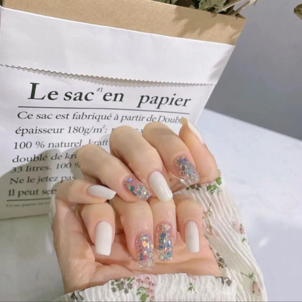 

Gotrendy Handmade WHITE SHINY Reusable Press on Nails box Acrylic crystal Nails Bling Microdrill glitter Ballet fasle nails