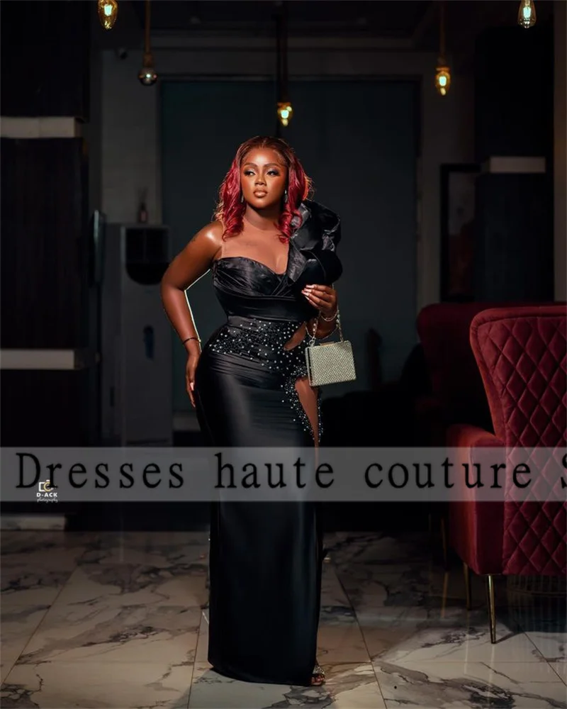 

Aso Ebi Black Satin Prom Dresses 2023 Elegant African For Women Appliques Evening Dresss One Shoulder Birthday Party Dress